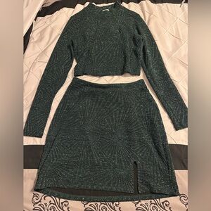 Women’s green glitter matching set- skirt and long sleeve cropped shirt